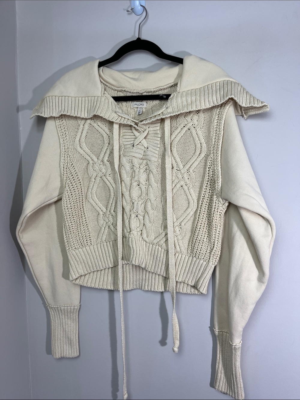 Police cable laced twofer Cream Cable Knit Hooded Sweater